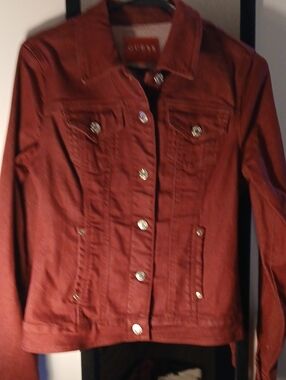 GUESS Brick Red Denim Jacket with Metal Buttons